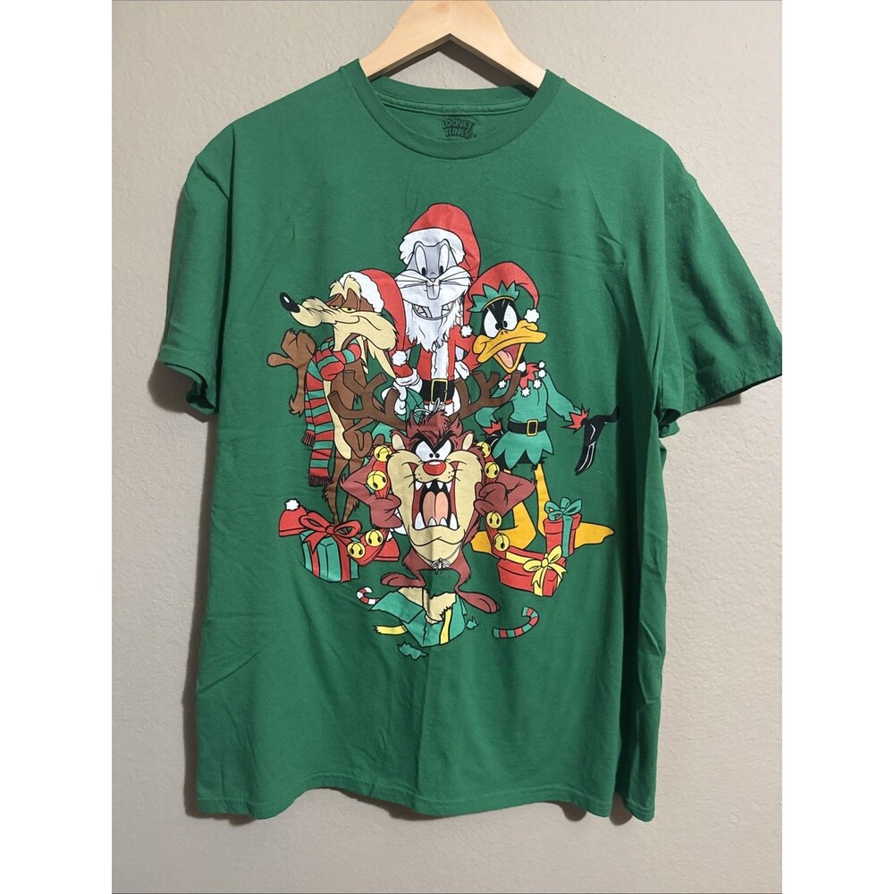 Looney Tunes Men's L Green Holiday Graphic Print Short Sleeve Crew neck T-Shirt